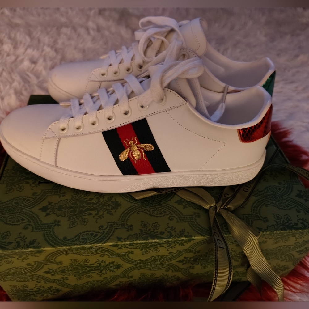 Gucci White Sneakers with Red and Green Accents